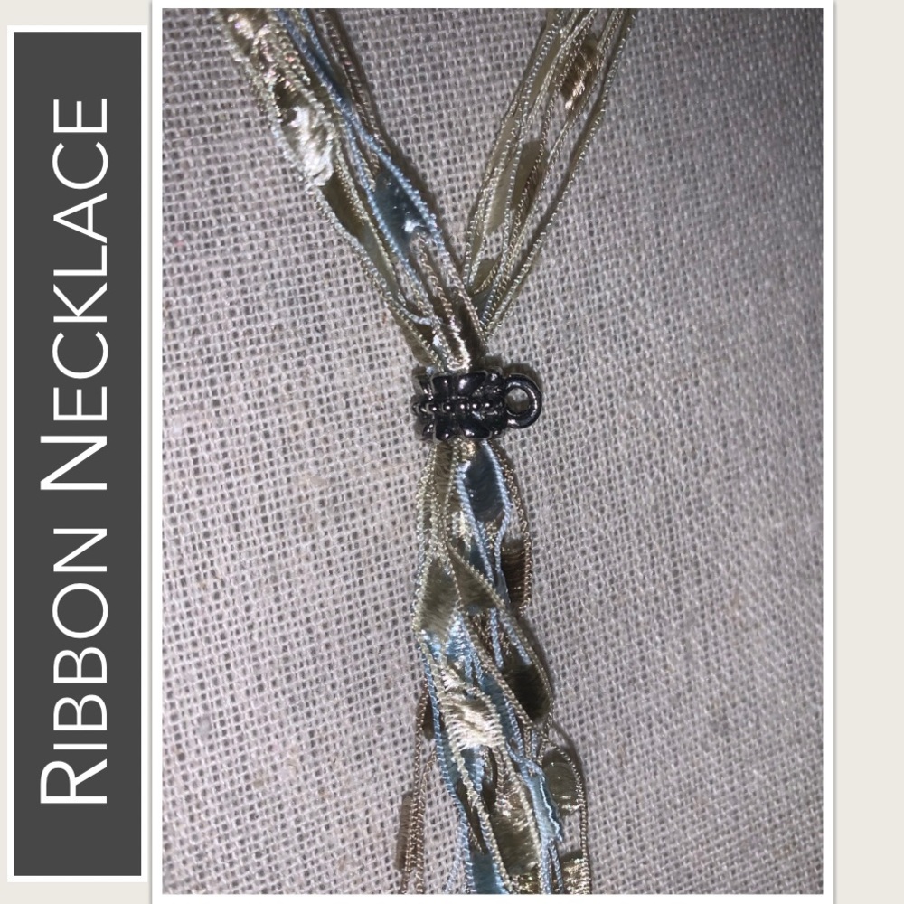Necklace Strand of Blue, Sage, Bronze Ribbons, Bronze Beads & Blue Stones Accent - Picture 9 of 11